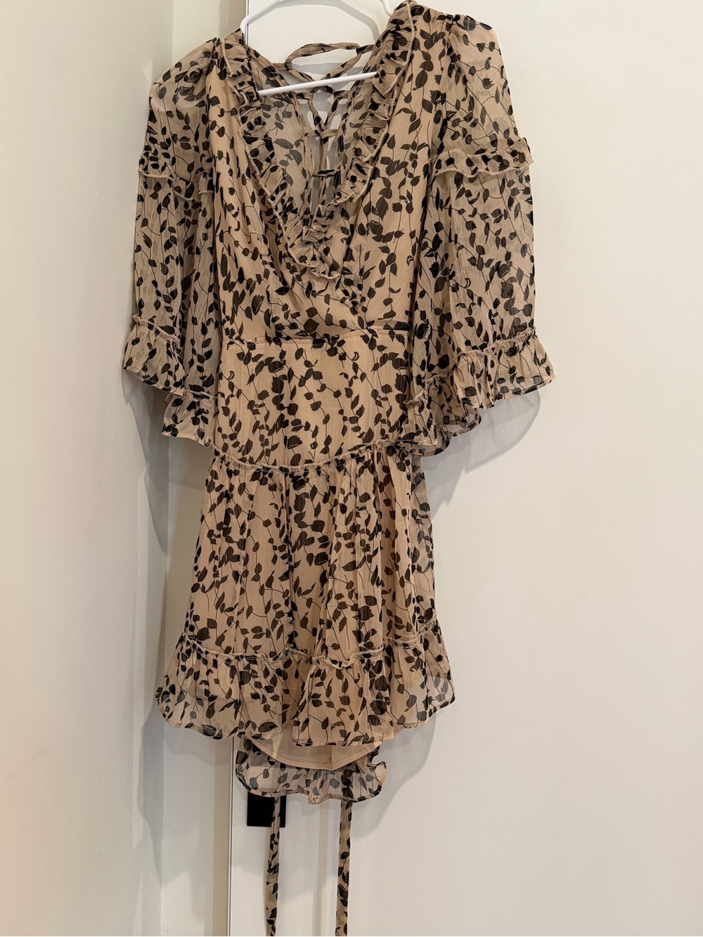 Women's Beige Ruffle V-Neck Blouse with Black Leaf Print mini dress
